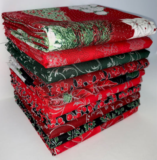 Robert Kaufman "Holiday Flourish Snow Flower" Red/Silver Half-Yard Bundle - 10 Fabrics, 5 Total Yards