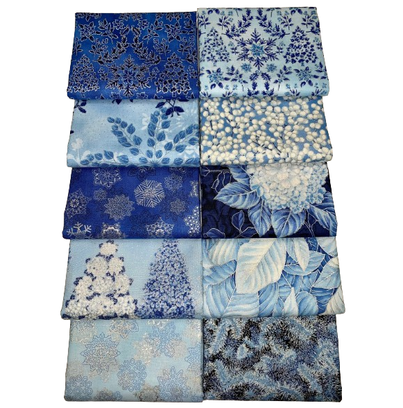 Robert Kaufman "Holiday Flourish Snow Flower" Blue Half-Yard Bundle - 10 Fabrics, 5 Total Yards