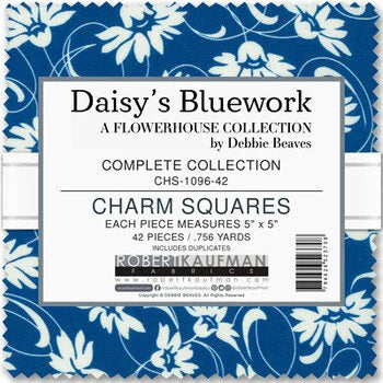 Charm Pack 5x5 Squares - Robert Kaufman Daisy's Bluework - 40 5" Squares